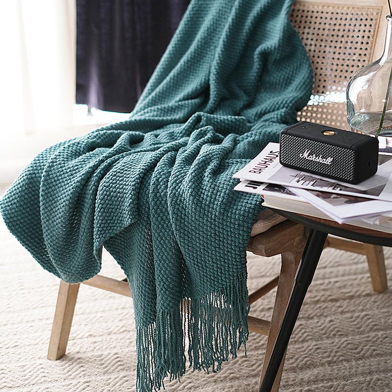 LOMAO Knitted Throw Blanket with Tassels Bubble Textured Soft Blanket Lightweight Warm Throw Blanket for Couch Cover Home Decor (Teal, 50x60) - Image 3